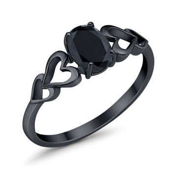 Solitaire Heart Promise Ring Oval Black Tone, Simulated Black CZ 925 Sterling Silver